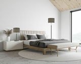 Moderne Stehleuchte OPPO in einem stilvollen Schlafzimmer, seitliche Perspektive