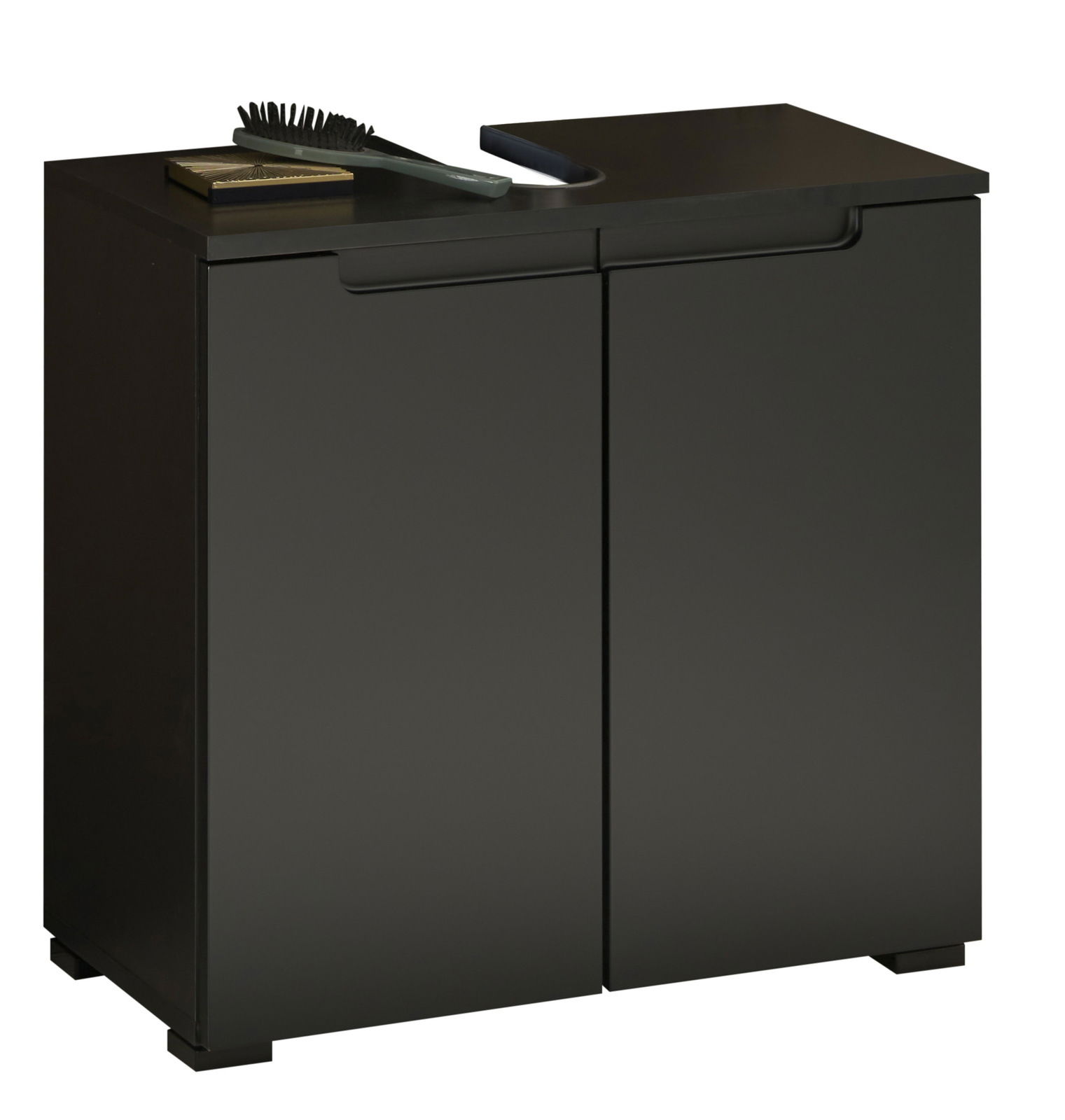 XORA Waschbeckenunterschrank SPICE Schwarzer Waschbeckenunterschrank mit zwei Türen, von vorne betrachtet, mit einer Bürste und einem Buch auf der Oberseite.