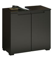 Schwarzer Waschbeckenunterschrank mit zwei Türen, von vorne betrachtet, mit einer Bürste und einem Buch auf der Oberseite.