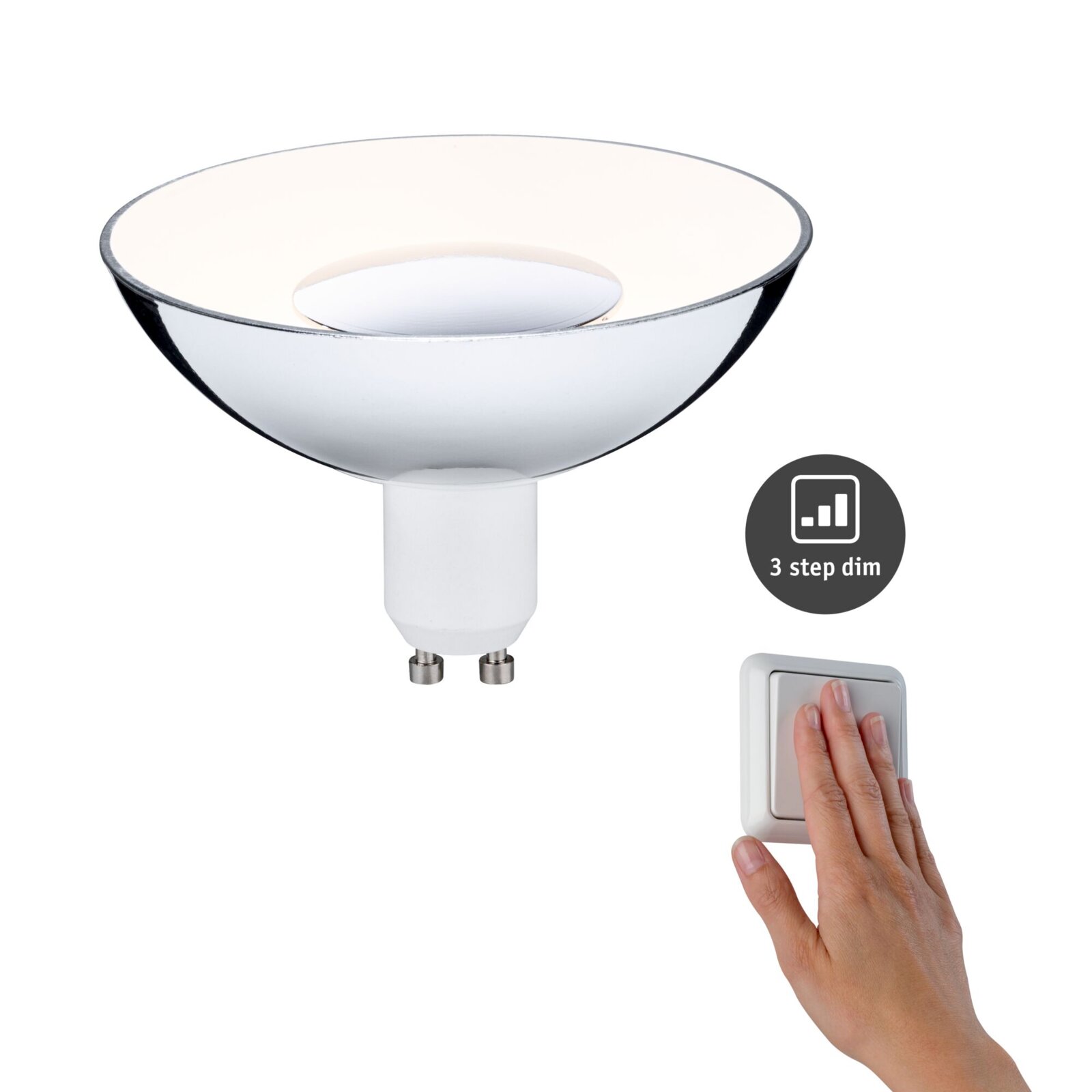 LED Leuchtmittel mit GU10-Sockel, silberne Reflektorform, 3-stufig dimmbar, seitliche Perspektive