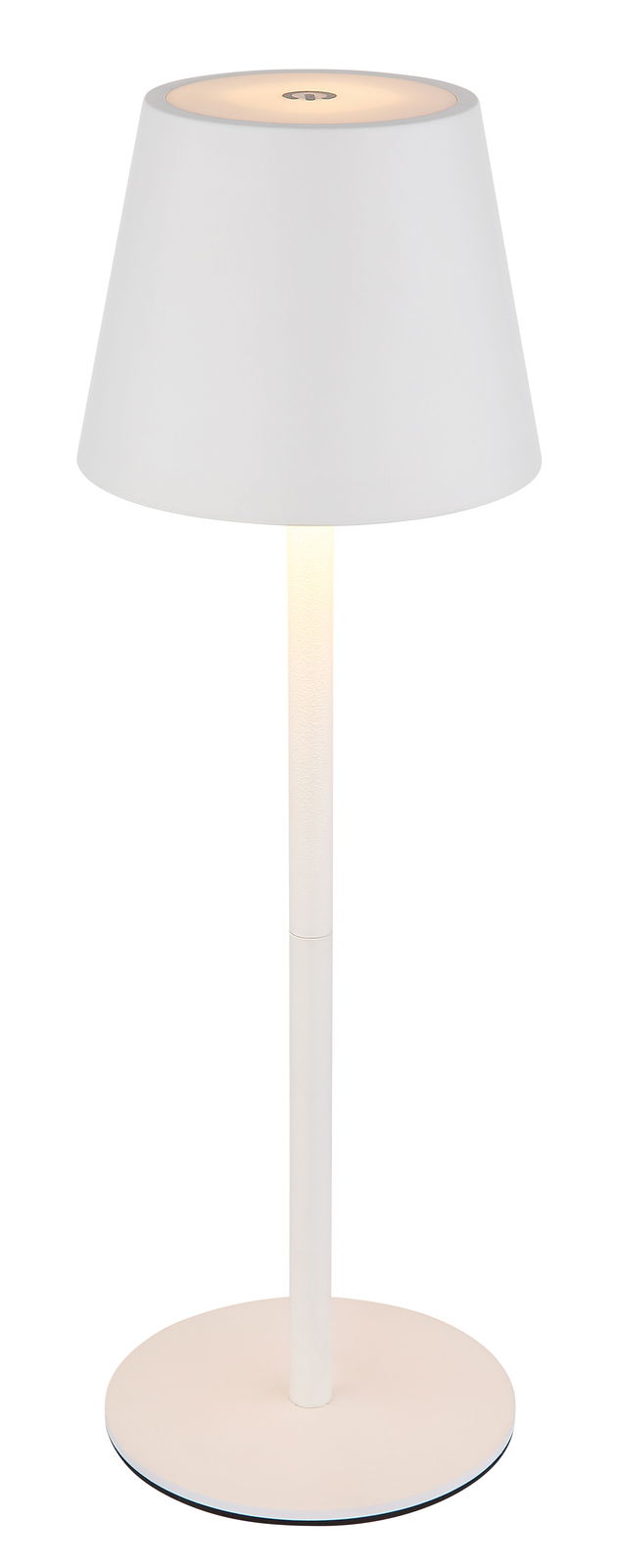 Weiße Akku-Tischleuchte VANNIE 3 in seitlicher Perspektive mit rundem Lampenschirm und schlankem Standfuß.