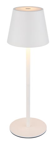 Weiße Akku-Tischleuchte VANNIE 3 in seitlicher Perspektive mit rundem Lampenschirm und schlankem Standfuß.