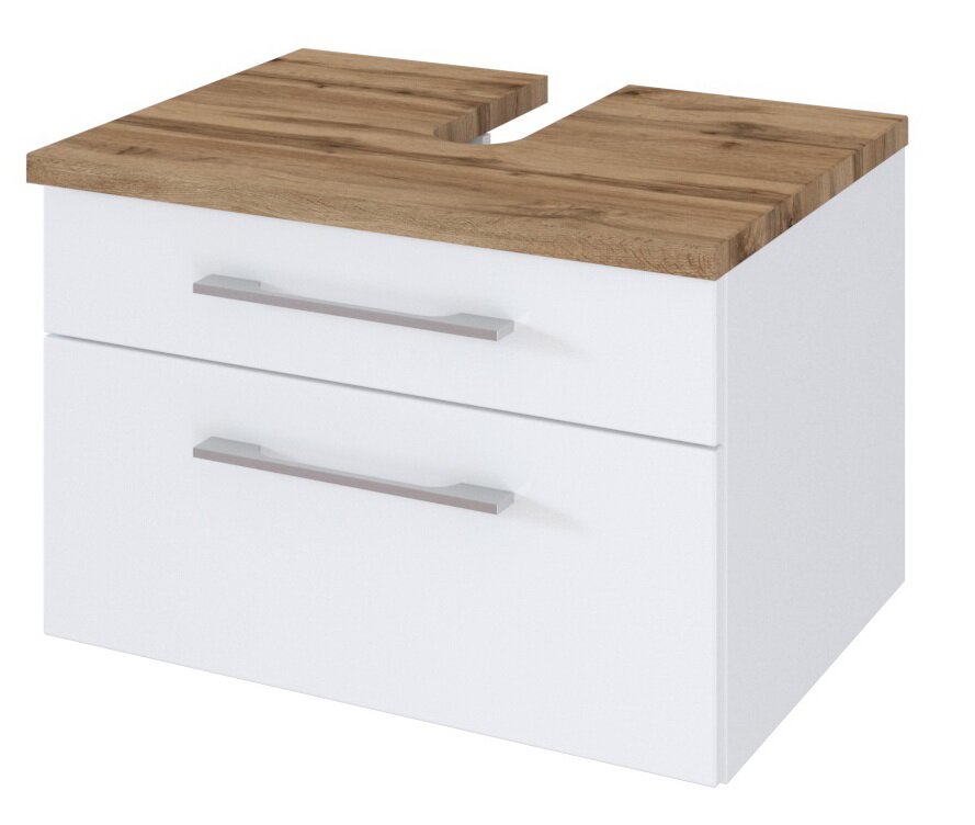 XORA Waschtischunterschrank DAVOS Moderner Waschtischunterschrank mit zwei Schubladen, weißem Korpus und Holzoptik-Oberfläche, perspektivisch von vorne rechts betrachtet.