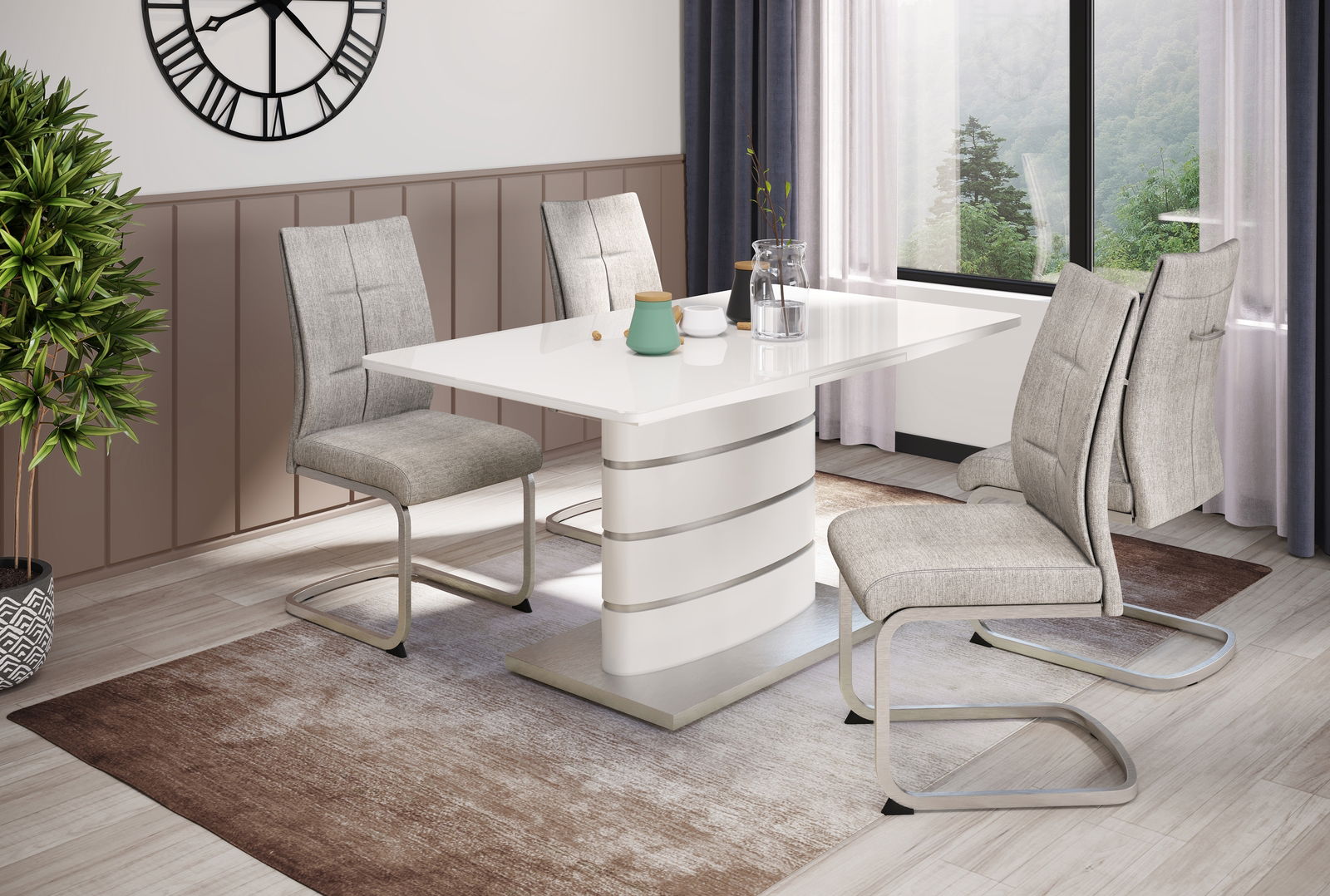 Z2 Schwingstuhl INES Moderner Essbereich mit vier grauen Schwingstühlen um einen weißen Tisch, seitliche Perspektive