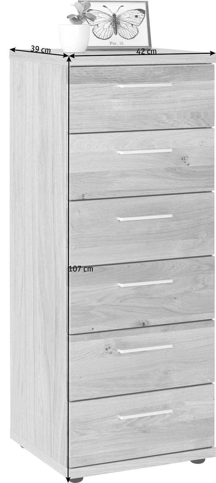 Schubkastenkommode aus Holz mit fünf Schubladen, seitliche Perspektive, dekoriert mit einer Pflanze und einem Bild auf der Oberseite.