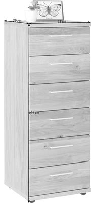 Schubkastenkommode aus Holz mit fünf Schubladen, seitliche Perspektive, dekoriert mit einer Pflanze und einem Bild auf der Oberseite.