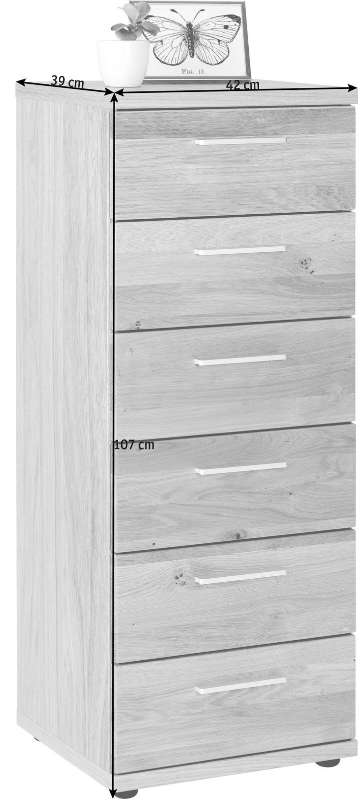 Schubkastenkommode aus Holz mit fünf Schubladen, seitliche Perspektive, dekoriert mit einer Pflanze und einem Bild auf der Oberseite.