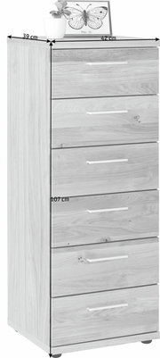 Schubkastenkommode aus Holz mit fünf Schubladen, seitliche Perspektive, dekoriert mit einer Pflanze und einem Bild auf der Oberseite.