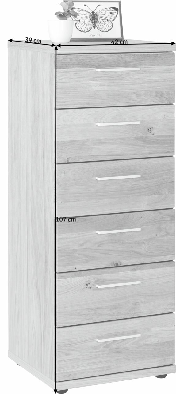 Schubkastenkommode aus Holz mit fünf Schubladen, seitliche Perspektive, dekoriert mit einer Pflanze und einem Bild auf der Oberseite.