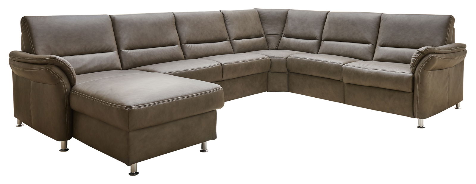 Beldomo Premium Ecksofa DAKOTA L Große, moderne Polsterrundecke in L-Form aus braunem Leder, perspektivisch von vorne links fotografiert.