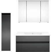 Moderne Badkombination mit grauem Unterschrank, weißem Waschbecken und dreiteiligem Spiegelschrank, Frontalansicht