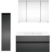 Moderne Badkombination mit grauem Unterschrank, weißem Waschbecken und dreiteiligem Spiegelschrank, Frontalansicht