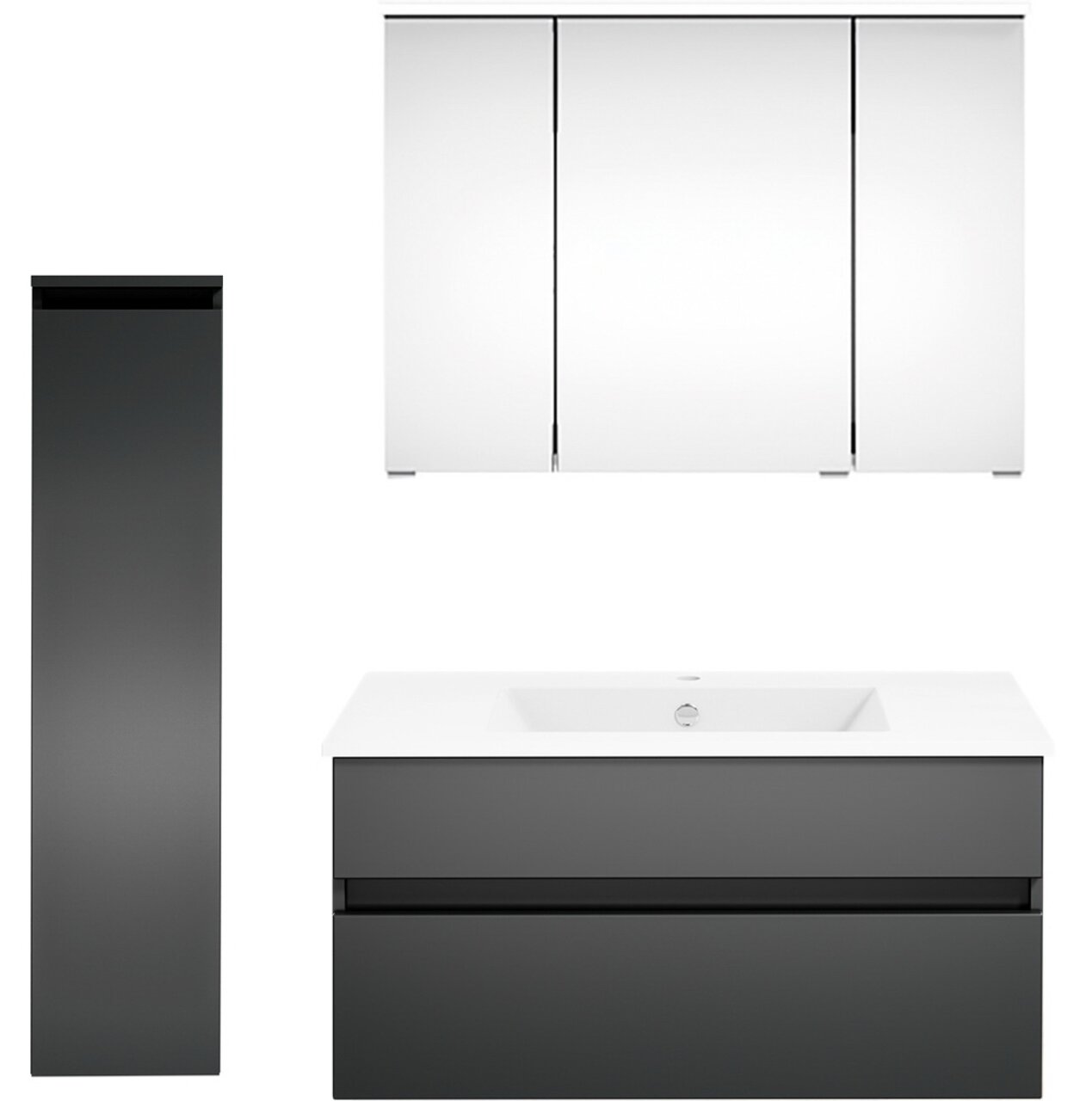 Moderne Badkombination mit grauem Unterschrank, weißem Waschbecken und dreiteiligem Spiegelschrank, Frontalansicht