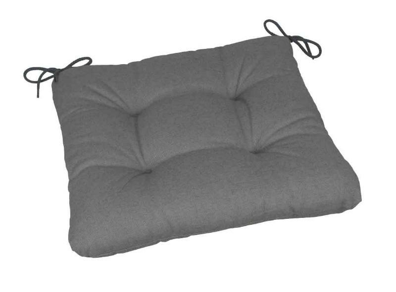 Graues Sitzkissen mit vier Steppnähten und Bändern zur Befestigung, aus der Vogelperspektive.