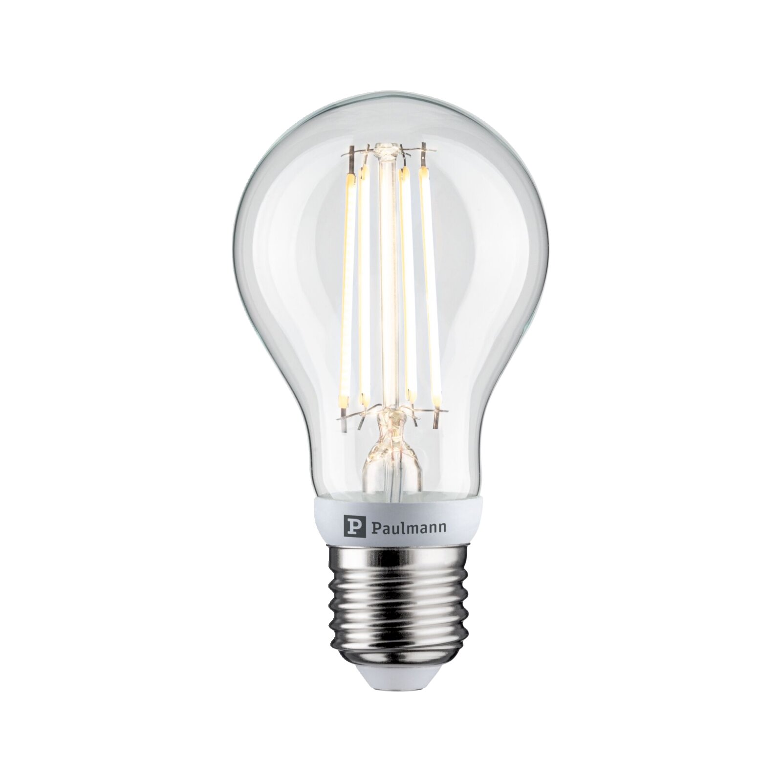 Paulmann LED-Filament-Glühbirne mit klarem Glaskolben und E27-Schraubsockel, Frontalansicht vor weißem Hintergrund