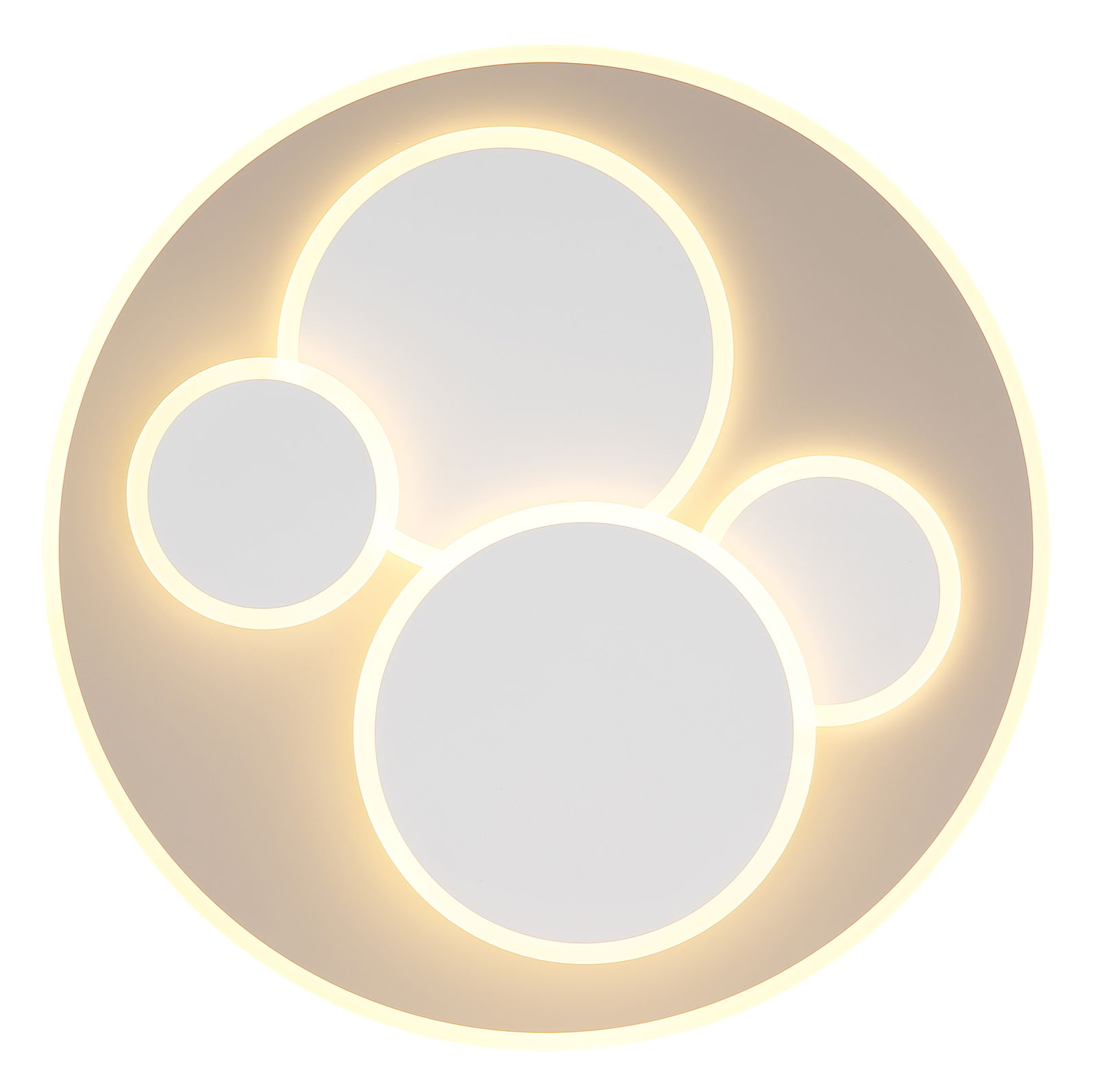 Runde LED-Deckenleuchte mit mehreren leuchtenden Kreisen, Ansicht von unten.