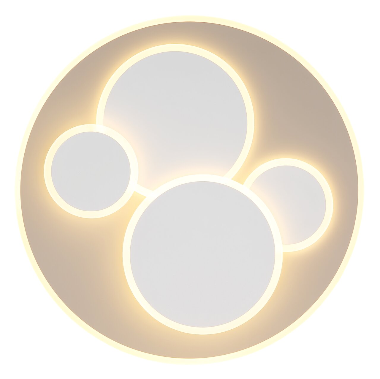 Ronde led-plafondlamp met meerdere lichtgevende cirkels, gezien van onderaf.