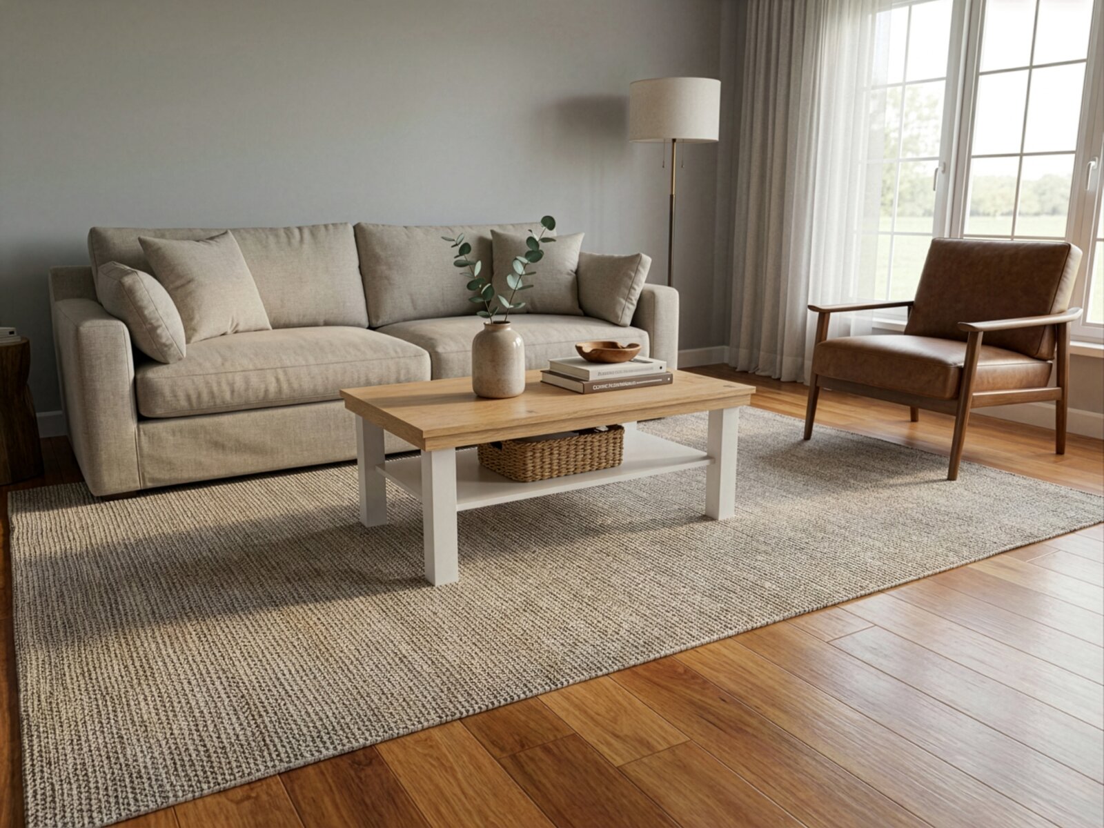 Helles Wohnzimmer mit beigem Stoffsofa, Holz-Couchtisch mit weißem Gestell und Ablage, grauem Teppich und braunem Ledersessel am Fenster, fotografiert aus frontaler leicht seitlicher Perspektive auf Augenhöhe.