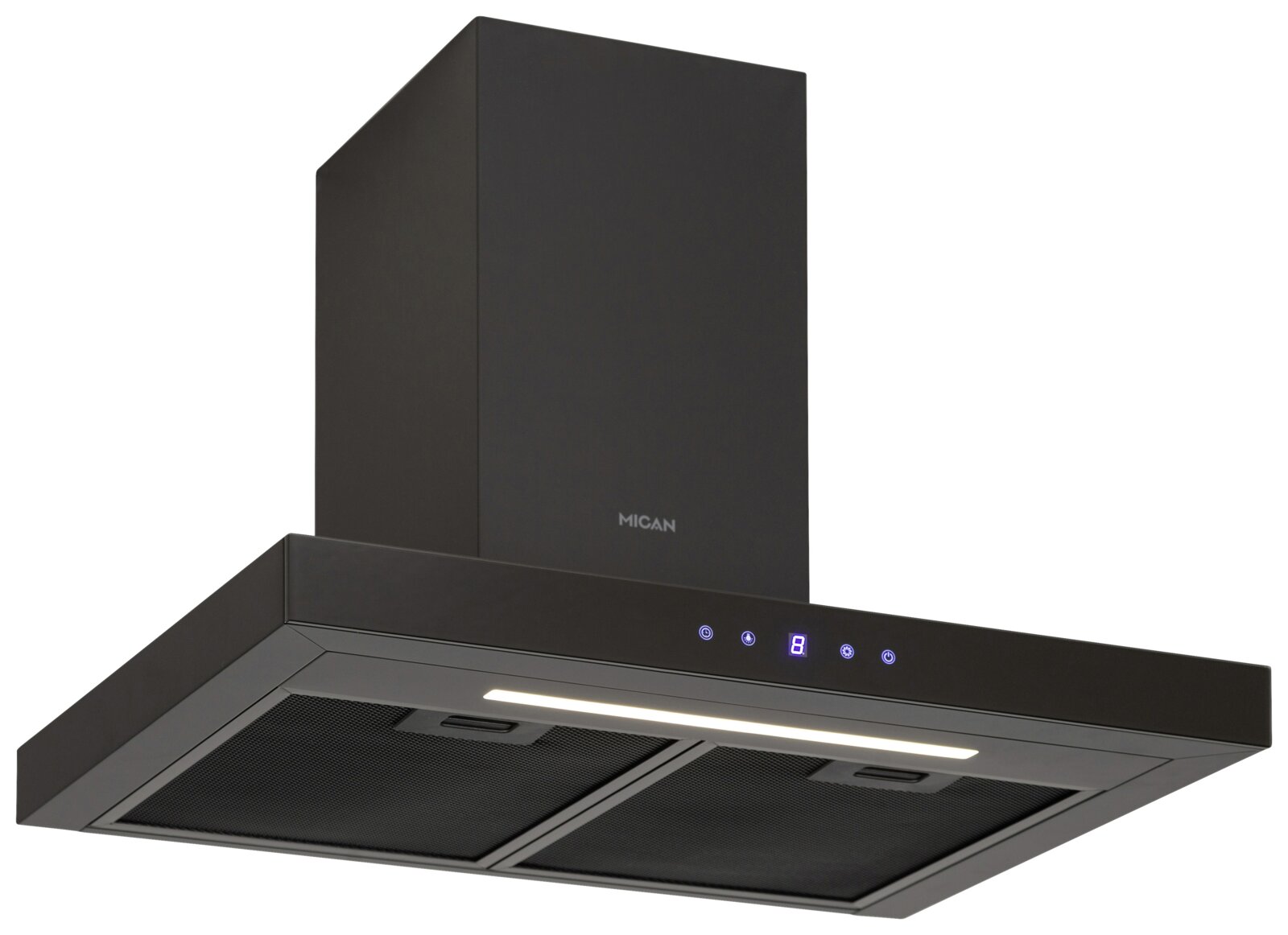 Zwarte wandafzuigkap met schoorsteen en LED-verlichting, touchbediening met digitaal display, schuin van onderen (laag standpunt) gefotografeerd.