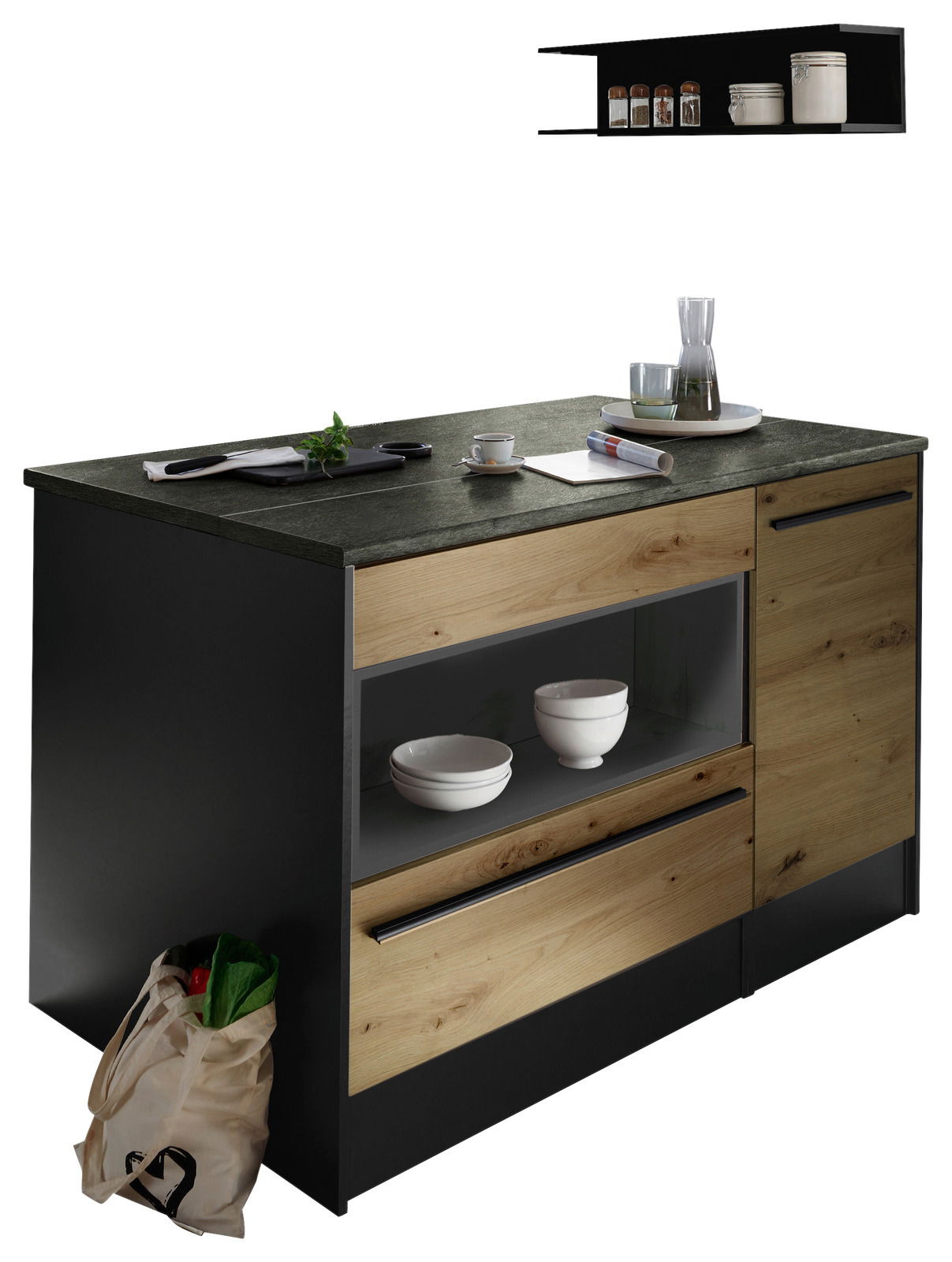 Moderne Kücheninsel mit dunkler Arbeitsplatte und Holzfronten, seitliche Perspektive