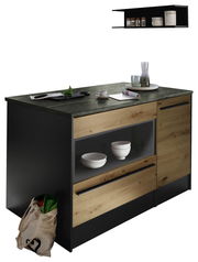Moderne Kücheninsel mit dunkler Arbeitsplatte und Holzfronten, seitliche Perspektive