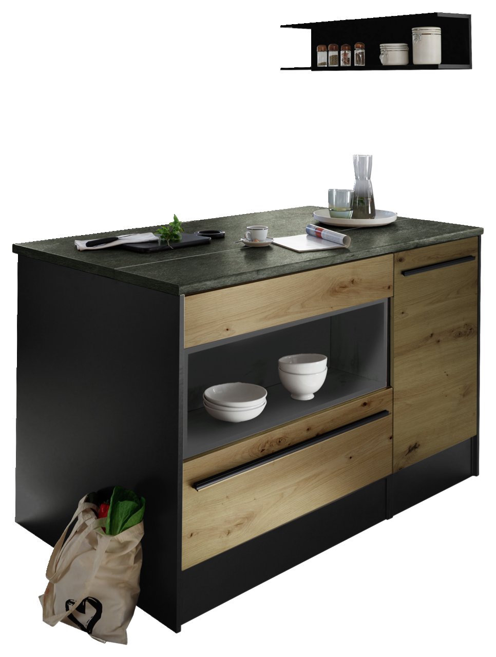 Moderne Kücheninsel mit dunkler Arbeitsplatte und Holzfronten, seitliche Perspektive