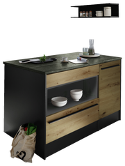 Moderne Kücheninsel mit dunkler Arbeitsplatte und Holzfronten, seitliche Perspektive