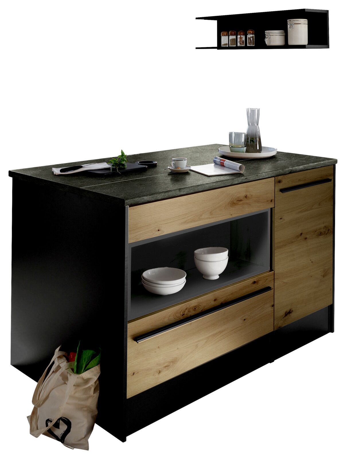 Moderne Kücheninsel mit dunkler Arbeitsplatte und Holzfronten, seitliche Perspektive
