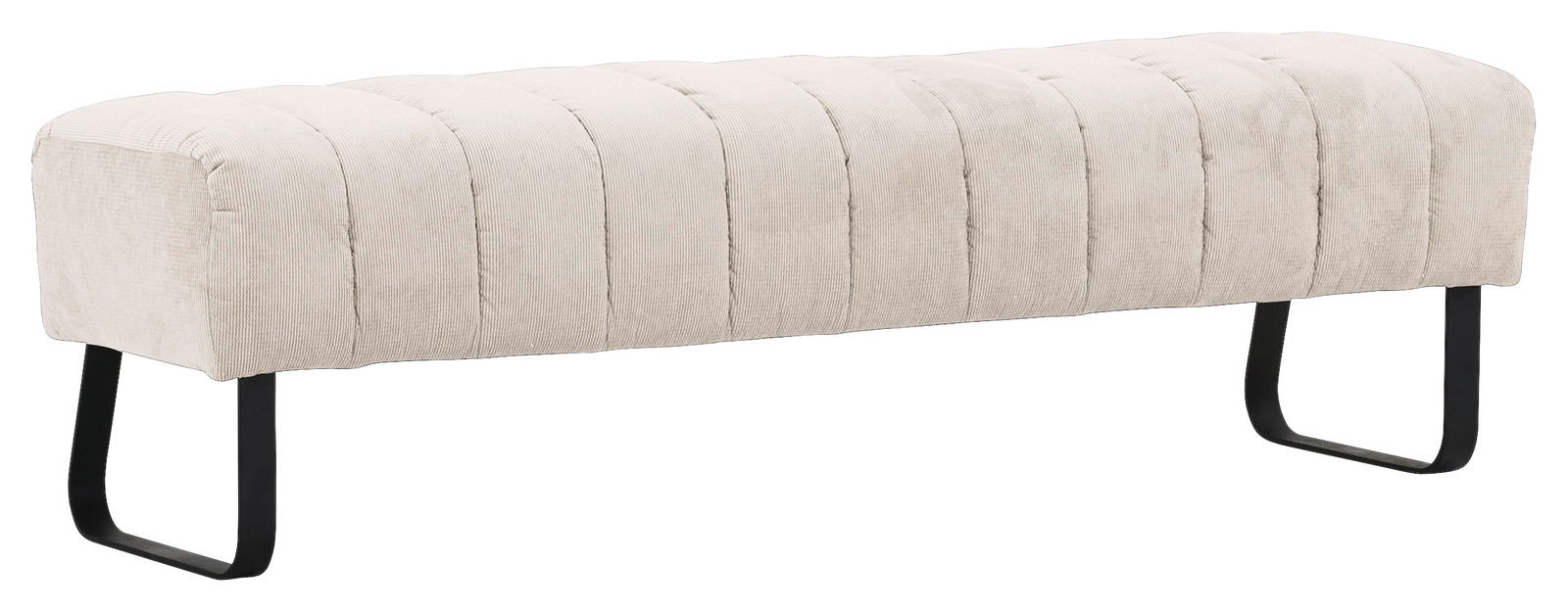 Beige 2er-Sitzbank mit gestepptem Stoffbezug und schwarzen Metallbeinen, seitliche Perspektive