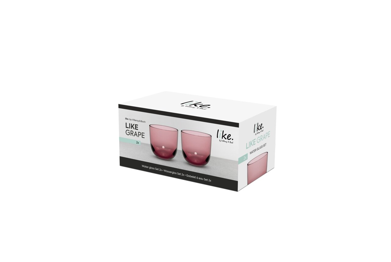 Verpackung eines 2-teiligen Wasserglas-Sets in der Farbe Traube, seitliche Perspektive