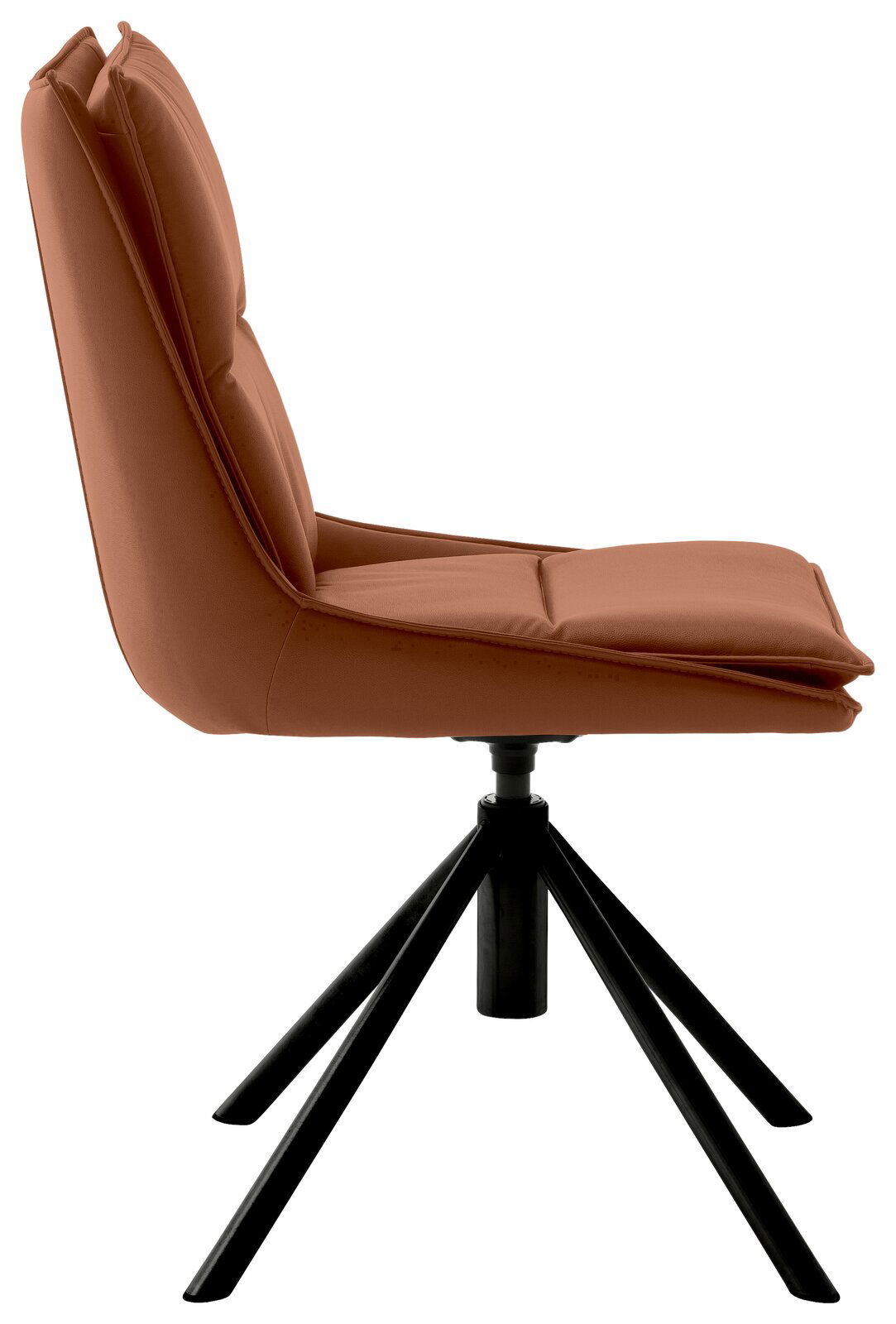 Moderner brauner Stuhl mit gepolsterter Sitzfläche und schwarzem Metallgestell, Seitenansicht