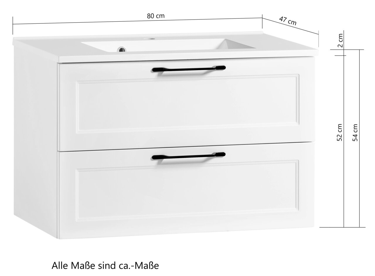 Witte wastafelmeubel met twee lades en zwarte handgrepen, vooraanzicht, afmetingen: 80 cm breed, 47 cm diep, 54 cm hoog.