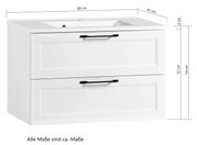 Weißes Waschtisch-Set mit zwei Schubladen und schwarzen Griffen, Frontansicht, Maße: 80 cm Breite, 47 cm Tiefe, 54 cm Höhe.