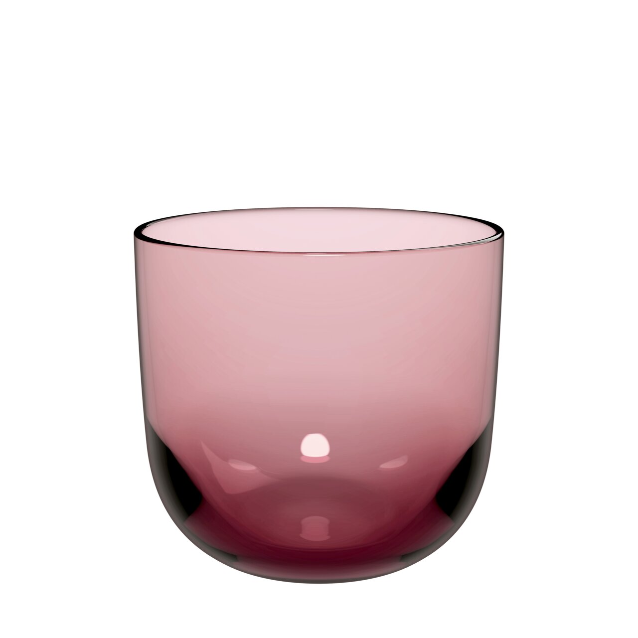 Rosa Wasserglas aus Glas, seitliche Perspektive