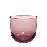 Rosa Wasserglas aus Glas, seitliche Perspektive