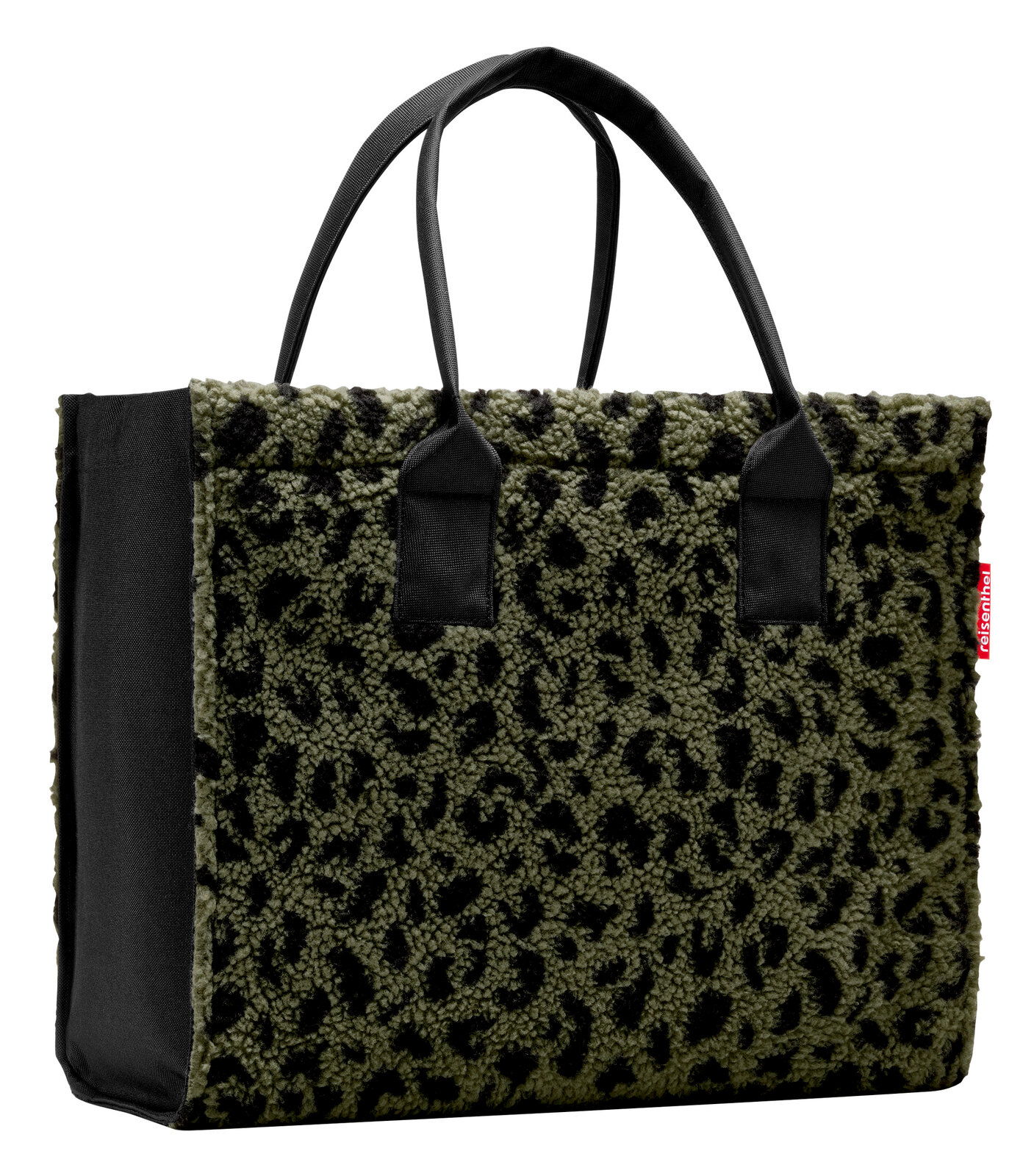 Grüne Tasche mit schwarzem Leopardenmuster, seitliche Perspektive