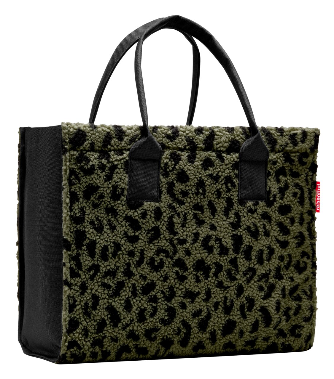 Grüne Tasche mit schwarzem Leopardenmuster, seitliche Perspektive