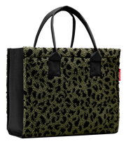 Grüne Tasche mit schwarzem Leopardenmuster, seitliche Perspektive
