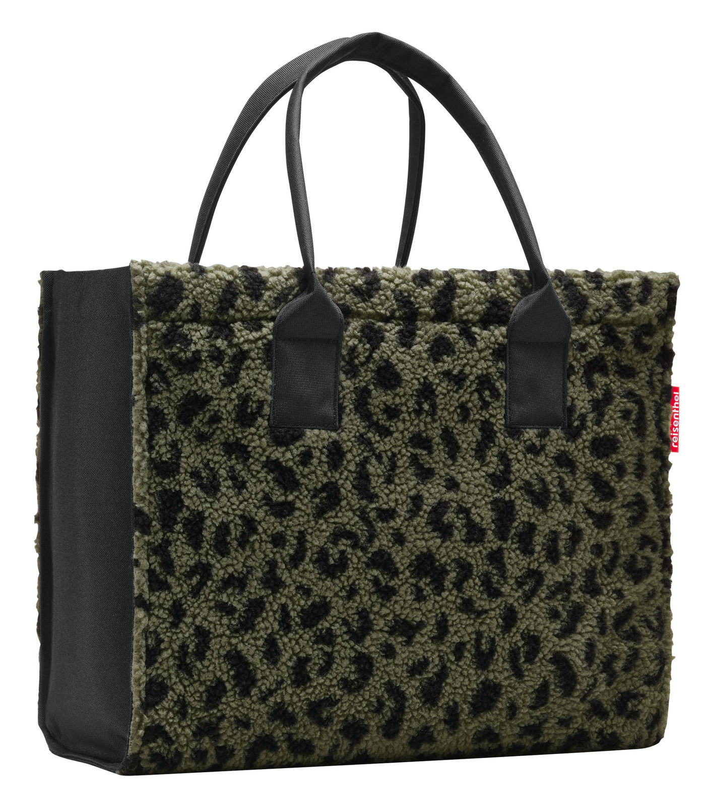 Grüne Tasche mit schwarzem Leopardenmuster, seitliche Perspektive