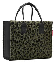 Grüne Tasche mit schwarzem Leopardenmuster, seitliche Perspektive