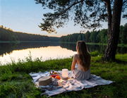 Eine Frau sitzt auf einer Picknickdecke am Seeufer bei Sonnenuntergang, neben ihr ein leuchtendes Akku-Windlicht.