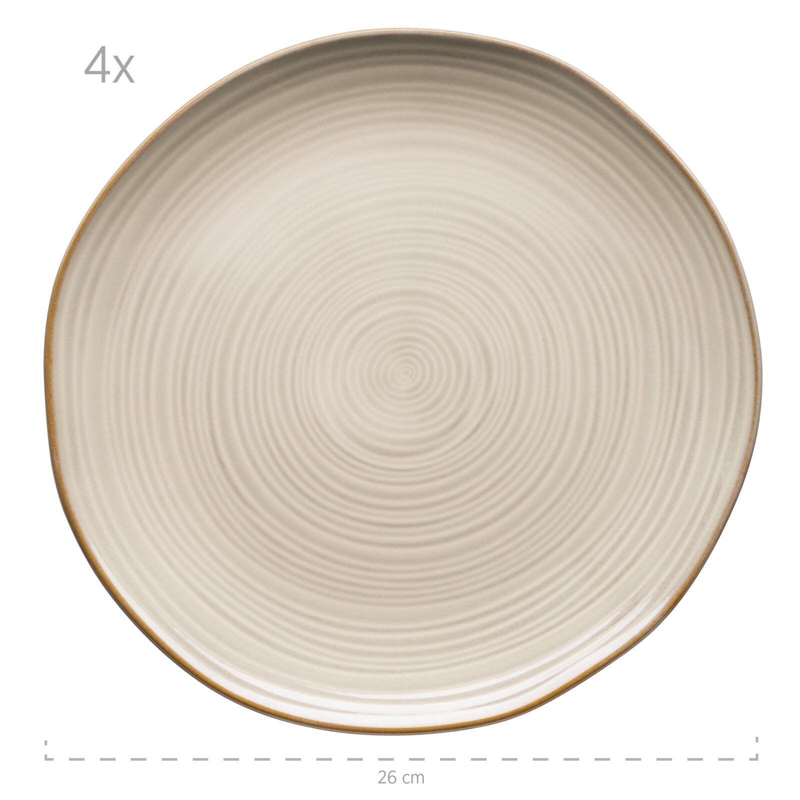 Runder, cremefarbener Keramik-Speiseteller mit feiner Spiralstruktur und braunem Rand, ca. 26 cm Durchmesser, Ansicht von oben (Draufsicht) vor weißem Hintergrund; 4er-Set