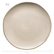 Runder, cremefarbener Keramik-Speiseteller mit feiner Spiralstruktur und braunem Rand, ca. 26 cm Durchmesser, Ansicht von oben (Draufsicht) vor weißem Hintergrund; 4er-Set