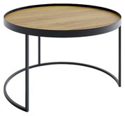Moderner runder Couchtisch mit Holzplatte und schwarzem Metallgestell, seitliche Perspektive