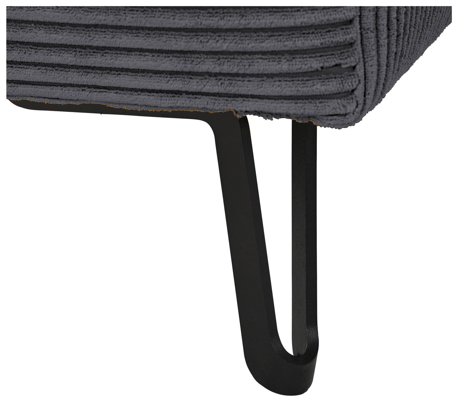 Nahaufnahme eines schwarzen Metallbeins einer Rundecke mit grauem, geripptem Stoffbezug.