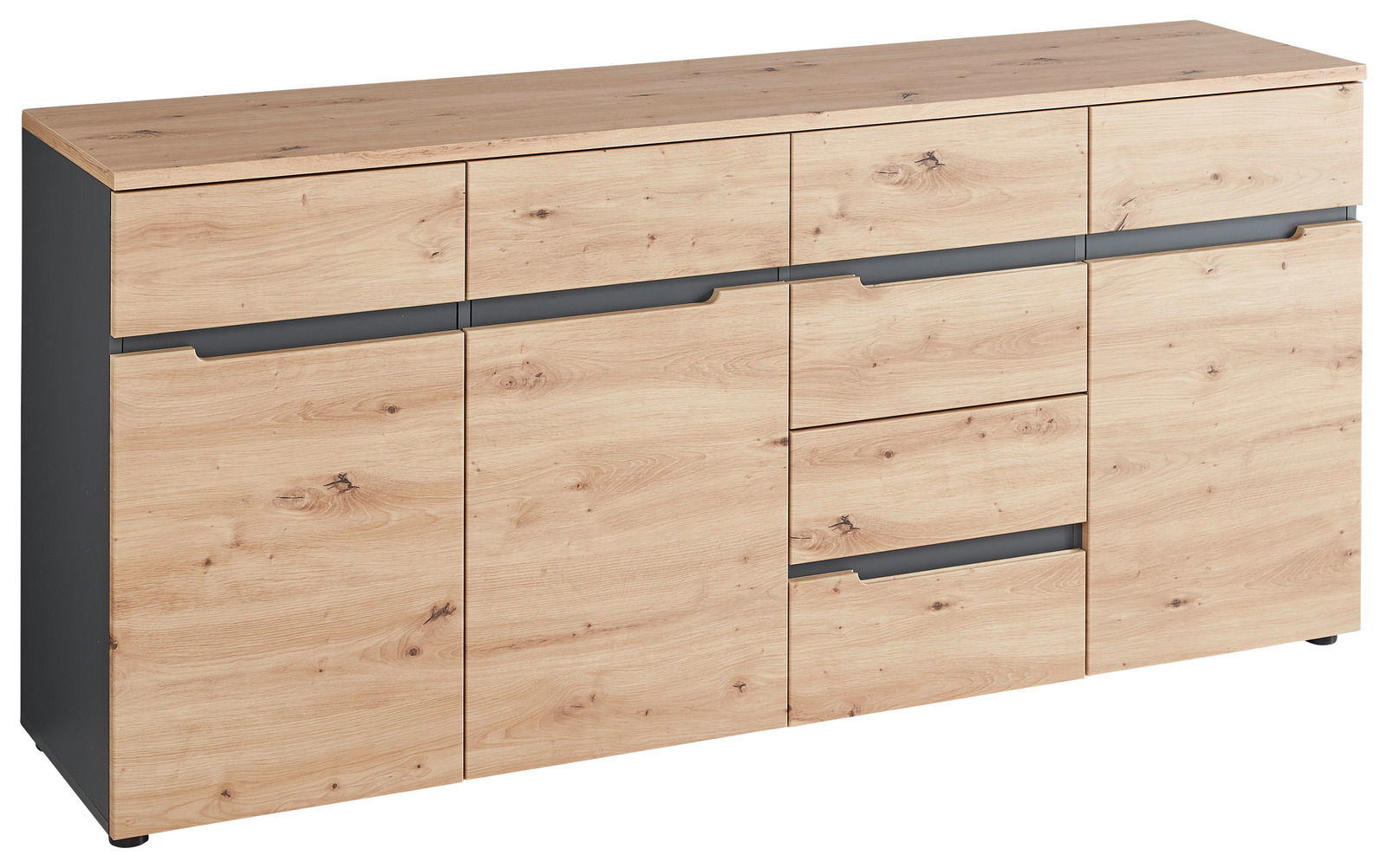 XL-Sideboard aus Holz mit mehreren Schubladen und Türen, seitliche Perspektive