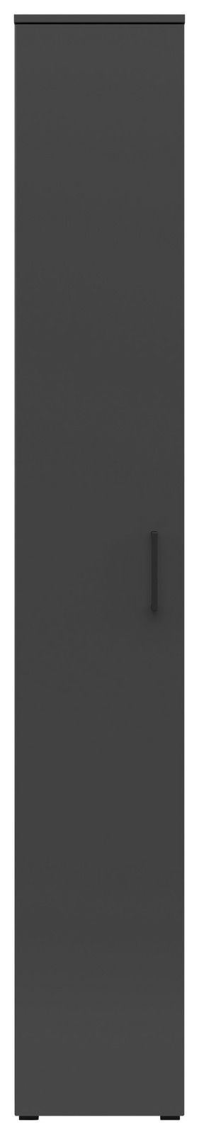 Frontansicht eines schwarzen Mehrzweckschranks mit schlichter Tür und Griff.