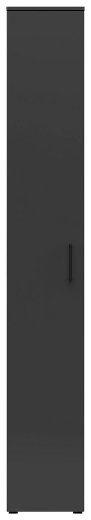 Frontansicht eines schwarzen Mehrzweckschranks mit schlichter Tür und Griff.