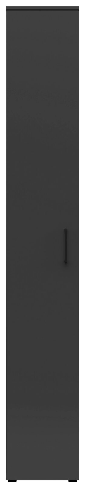 Frontansicht eines schwarzen Mehrzweckschranks mit schlichter Tür und Griff.