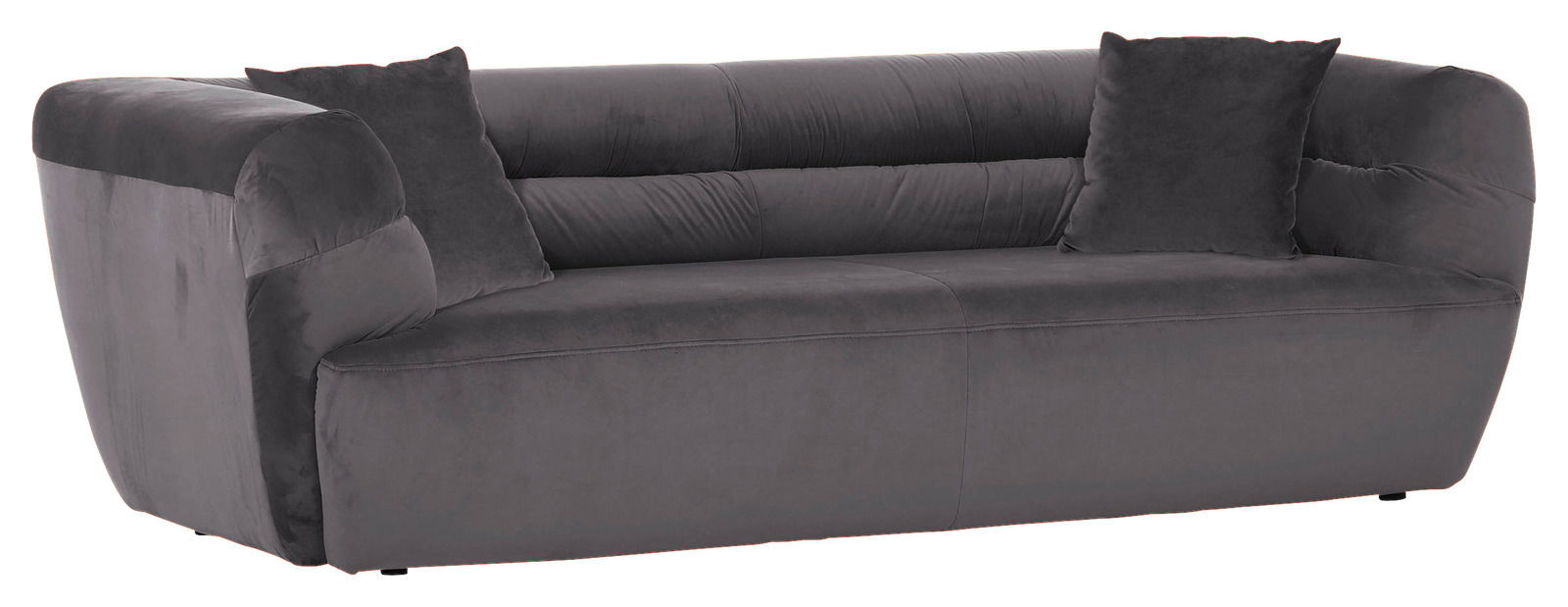 Graues Big-Sofa mit zwei Kissen, seitliche Perspektive